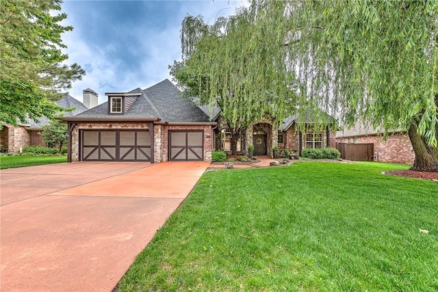 view of front of house with a front lawn, brick siding, driveway, and a garage