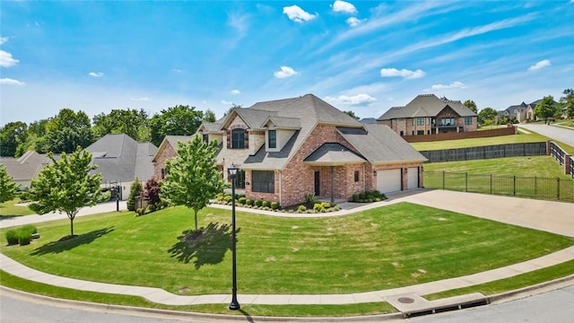 traditional-style house with a residential view, concrete driveway, brick siding, and an attached garage
