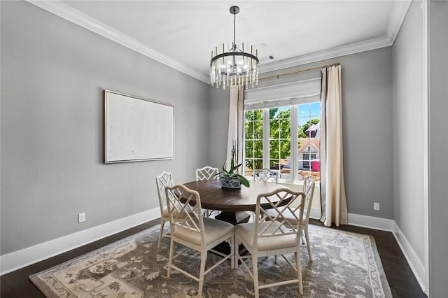 dining space with a chandelier, crown molding, baseboards, and dark wood-style flooring