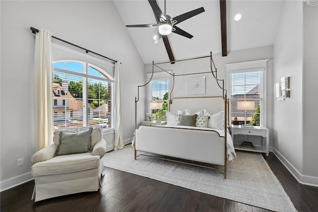 bedroom with baseboards, dark wood-type flooring, high vaulted ceiling, and beamed ceiling