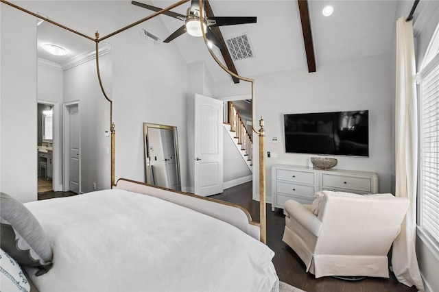 bedroom with high vaulted ceiling, wood finished floors, baseboards, a ceiling fan, and beamed ceiling
