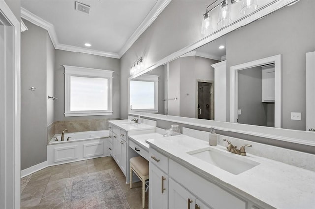 full bath featuring crown molding, a bath, double vanity, a stall shower, and baseboards