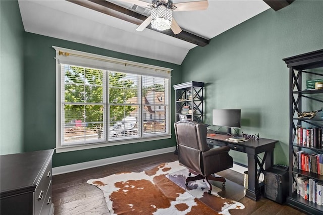 office area with a ceiling fan, dark wood-style flooring, and baseboards
