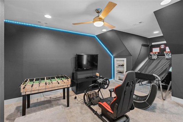 game room with a ceiling fan, recessed lighting, vaulted ceiling, and carpet floors