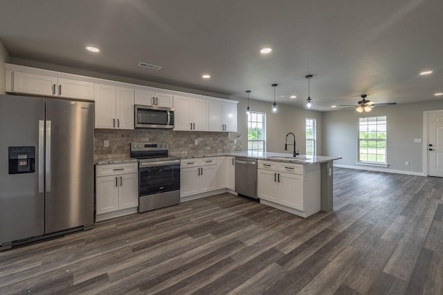 190 Madison Unit 6124, Elkins, AR 72727 - kitchen with appliances with stainless steel finishes, a sink, a peninsula, recessed lighting, and dark wood-style flooring