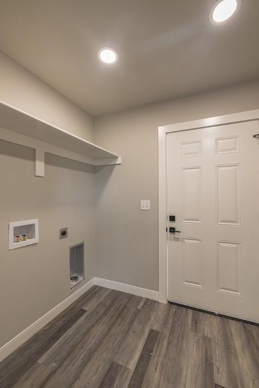 190 Madison Unit 6124, Elkins, AR 72727 - laundry area with washer hookup, baseboards, dark wood-style flooring, recessed lighting, and hookup for an electric dryer