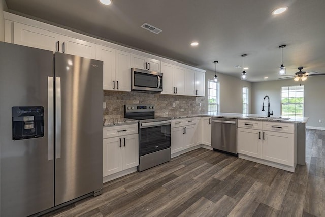 190 Madison Unit 6124, Elkins, AR 72727 - kitchen with appliances with stainless steel finishes, a sink, a peninsula, dark wood-type flooring, and recessed lighting