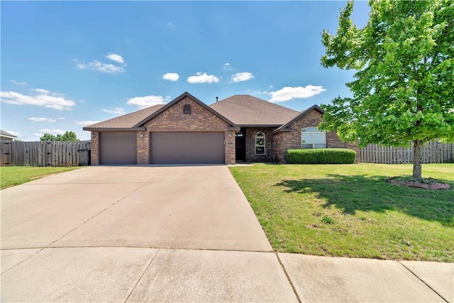 ranch-style home with an attached garage, brick siding, concrete driveway, and a shingled roof