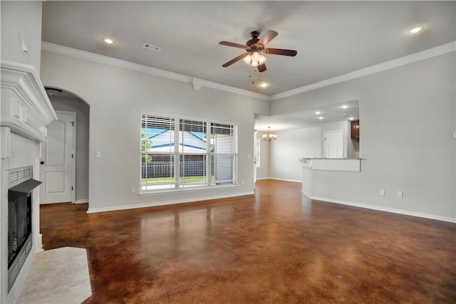 unfurnished living room featuring concrete floors, baseboards, ceiling fan, ornamental molding, and recessed lighting