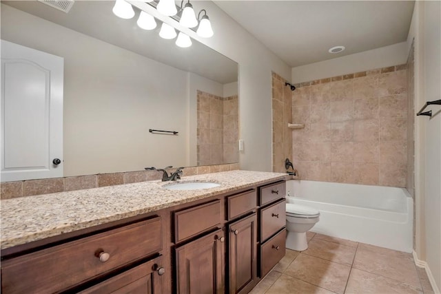 bathroom with tile patterned flooring, toilet, vanity, and bathtub / shower combination