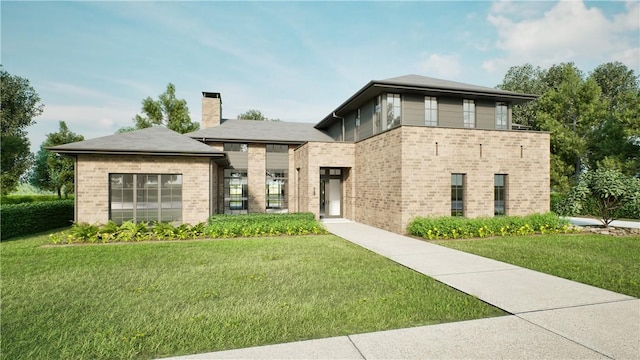 5802 S 65th Pl, Rogers, AR 72758 - prairie-style house featuring a chimney, a front yard, and brick siding