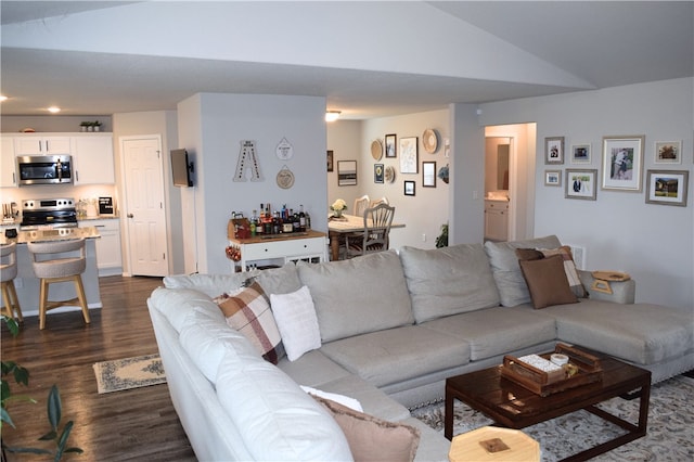 living area with dark wood-style flooring and lofted ceiling