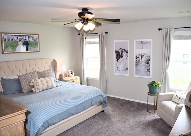 bedroom featuring carpet floors, ceiling fan, and baseboards