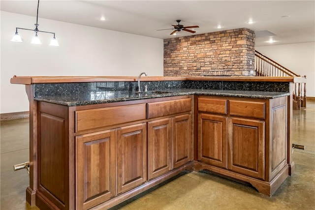 15533 Haynes Rd, Rogers, AR 72756 - indoor wet bar with ceiling fan, baseboards, pendant lighting, recessed lighting, and stairs