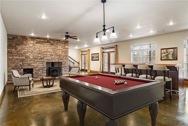15533 Haynes Rd, Rogers, AR 72756 - game room with finished concrete floors, recessed lighting, billiards, ceiling fan, and baseboards