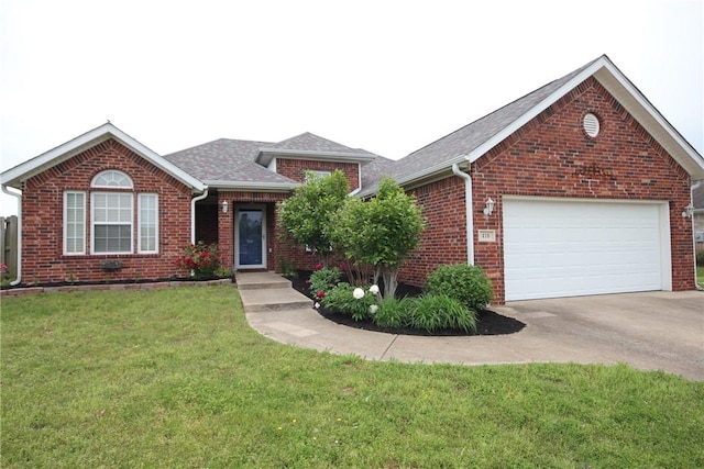 ranch-style home with driveway, brick siding, a front lawn, and an attached garage