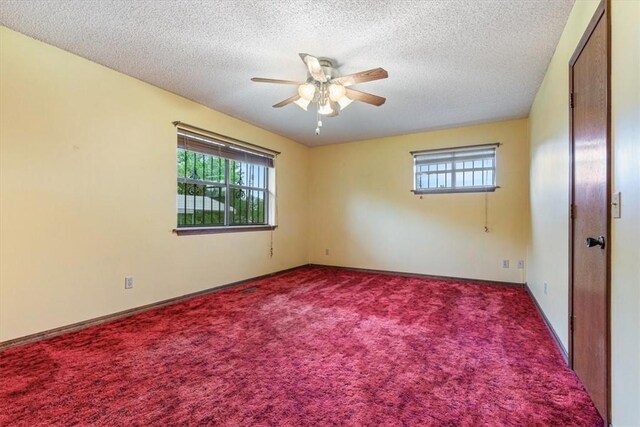 empty room featuring plenty of natural light, a ceiling fan, carpet flooring, and a textured ceiling