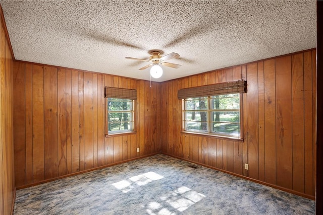 10616 S Liberty Rd, Dardanelle, AR 72834 - empty room with a ceiling fan, a textured ceiling, wood walls, and carpet