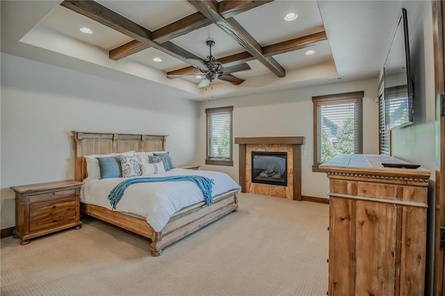 7 W Colonial Dr, Rogers, AR 72758 - bedroom with light carpet, coffered ceiling, baseboards, a fireplace, and beamed ceiling