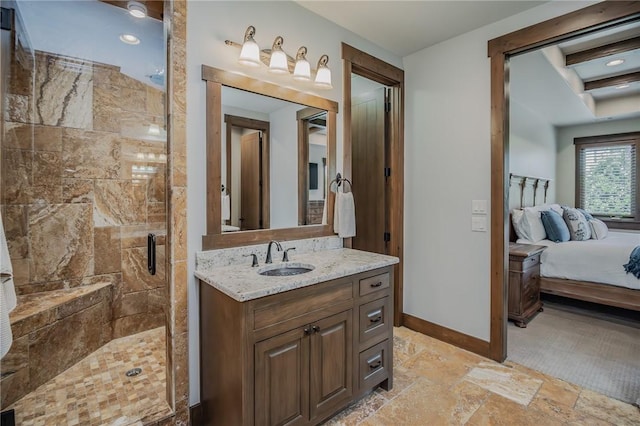7 W Colonial Dr, Rogers, AR 72758 - ensuite bathroom with baseboards, a stall shower, stone tile floors, and vanity