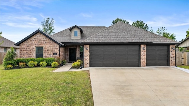 view of front of home featuring an attached garage, brick siding, driveway, and roof with shingles