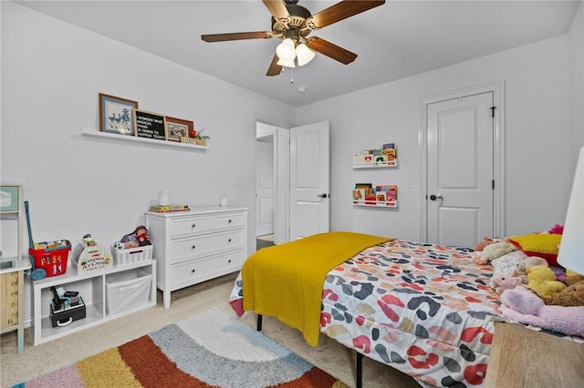 bedroom with carpet flooring and ceiling fan