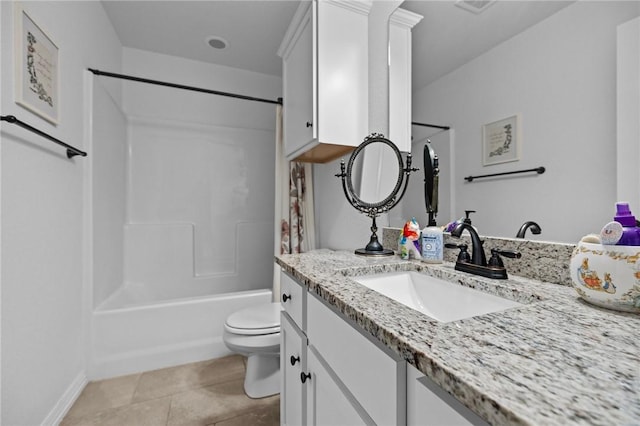full bathroom featuring toilet, vanity, bathing tub / shower combination, and tile patterned floors