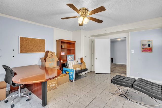 office with a ceiling fan, a textured ceiling, and light tile patterned floors
