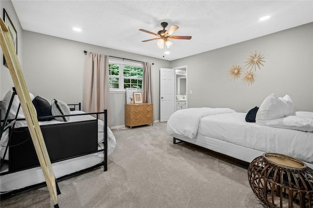 carpeted bedroom with recessed lighting, a ceiling fan, and baseboards