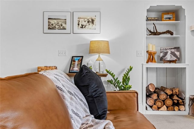 living area featuring carpet flooring