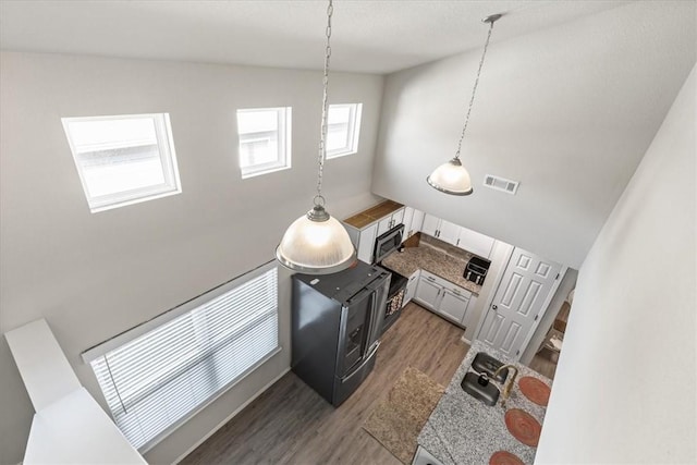 kitchen featuring wood finished floors, stainless steel microwave, a sink, hanging light fixtures, and a towering ceiling