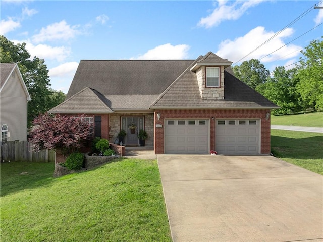 view of front facade with an attached garage, driveway, brick siding, and roof with shingles