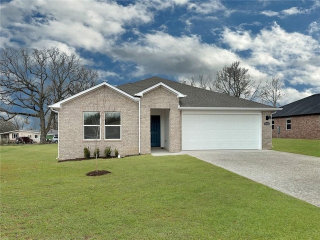 single story home featuring brick siding, a garage, driveway, and a front lawn