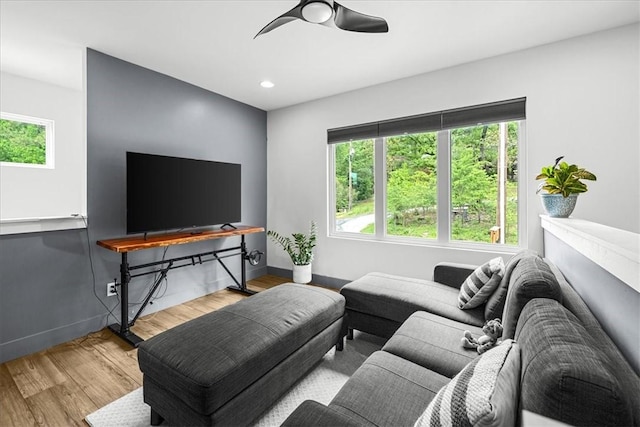 7 Thornbury Ln, Bella Vista, AR 72714 - living room with wood finished floors, a ceiling fan, baseboards, and recessed lighting