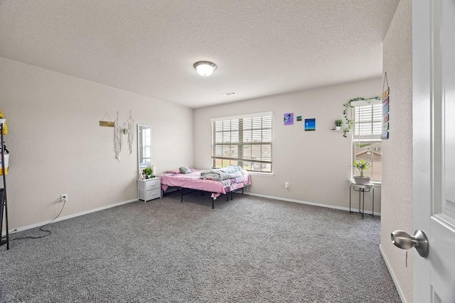 bedroom with carpet floors, multiple windows, a textured ceiling, and baseboards