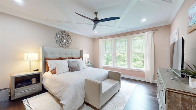 bedroom with dark wood-type flooring, recessed lighting, baseboards, and ceiling fan