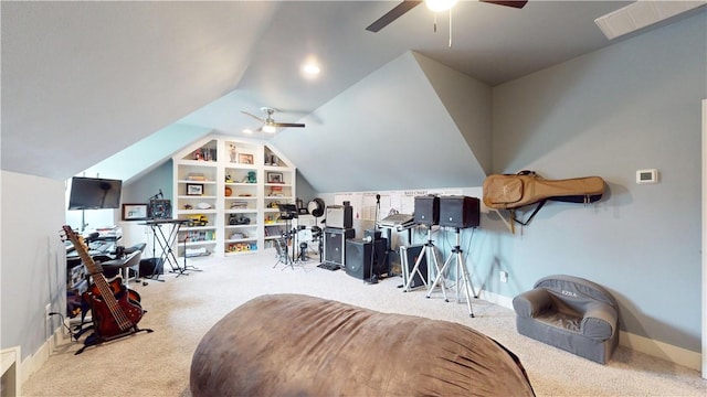 additional living space featuring ceiling fan, carpet, lofted ceiling, and baseboards