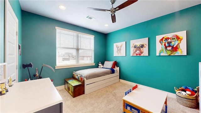 bedroom with carpet floors, a ceiling fan, and recessed lighting