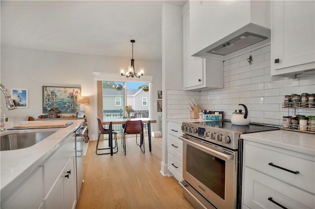 2630 N Gulley Grove Cir, Fayetteville, AR 72703 - kitchen with electric stove, a sink, backsplash, light wood finished floors, and white cabinetry