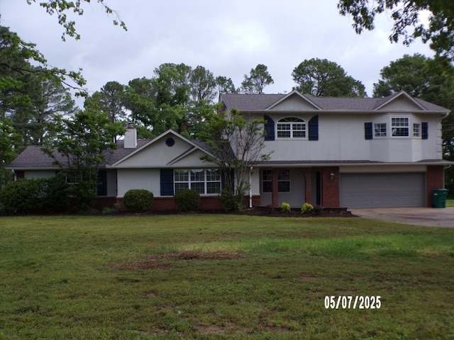 traditional home featuring a garage, concrete driveway, a front lawn, a chimney, and brick siding