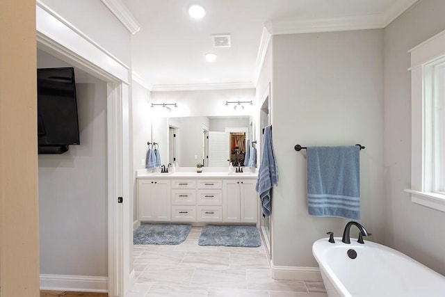 29 Salen Ln, Bella Vista, AR 72715 - bathroom featuring double vanity, a soaking tub, ornamental molding, baseboards, and marble finish floors