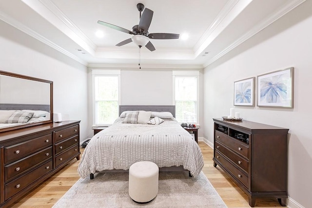 29 Salen Ln, Bella Vista, AR 72715 - bedroom with light wood-style flooring, a raised ceiling, ornamental molding, baseboards, and ceiling fan
