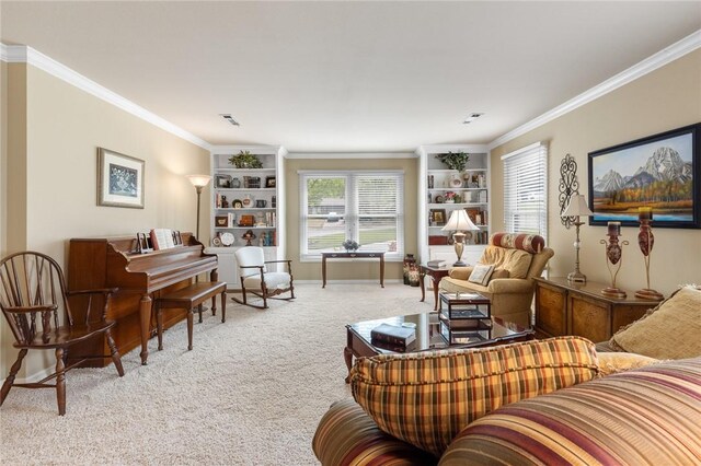 sitting room with carpet flooring, ornamental molding, built in features, and baseboards
