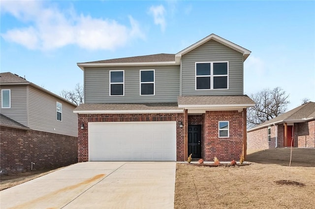 view of front of home with brick siding, an attached garage, driveway, and roof with shingles