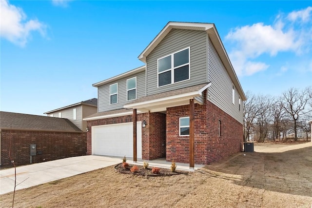 view of front facade featuring driveway, brick siding, a garage, and cooling unit