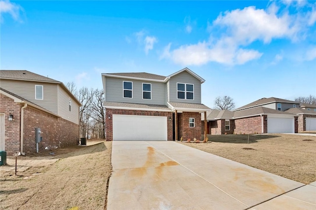 traditional home with brick siding, an attached garage, driveway, central air condition unit, and a shingled roof
