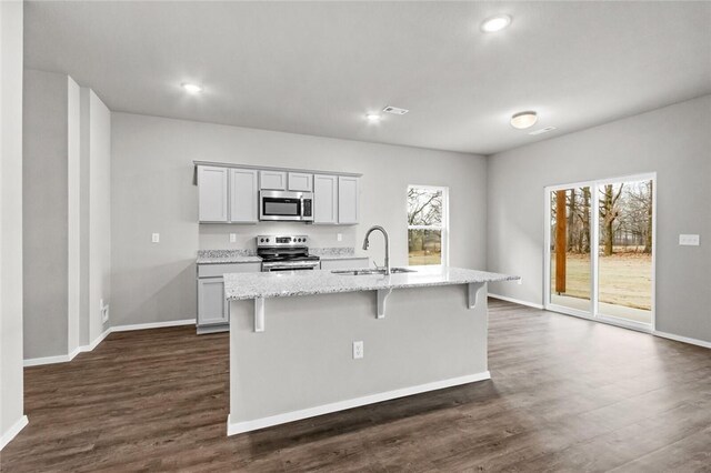 kitchen featuring appliances with stainless steel finishes, plenty of natural light, a sink, an island with sink, and recessed lighting