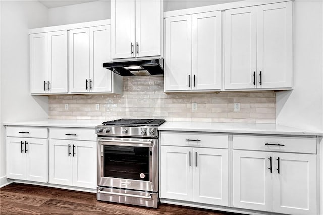 kitchen featuring stainless steel gas range oven, under cabinet range hood, light countertops, and decorative backsplash
