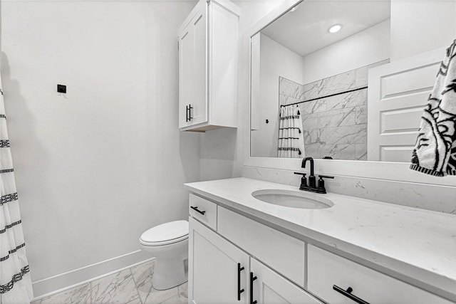 full bathroom featuring marble finish flooring, toilet, baseboards, vanity, and curtained shower