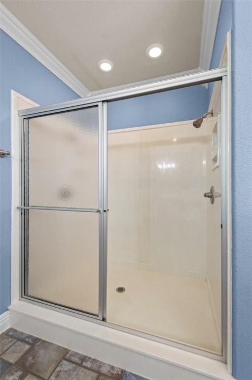 3907 NE Cadbury Ave, Bentonville, AR 72712 - full bath with a stall shower, recessed lighting, and crown molding